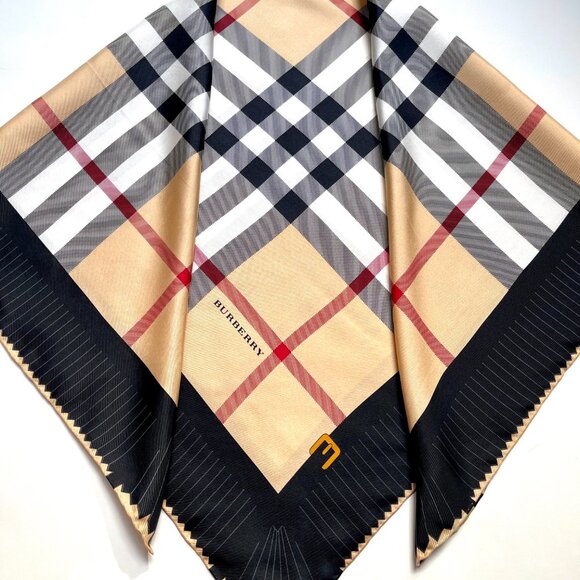 NWT Burberry Beige Check Black Border Silk Scarf - Picture 12 of 16